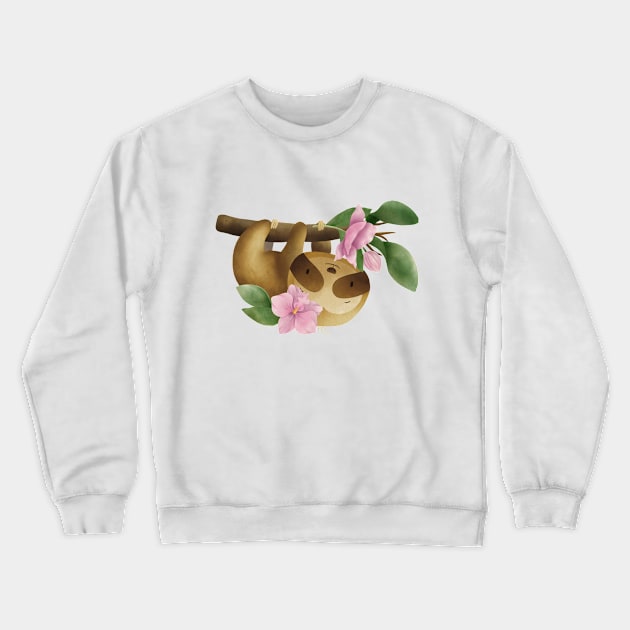 Cute Sloth hanging with orchid flowers Crewneck Sweatshirt by Sandra Herrgott